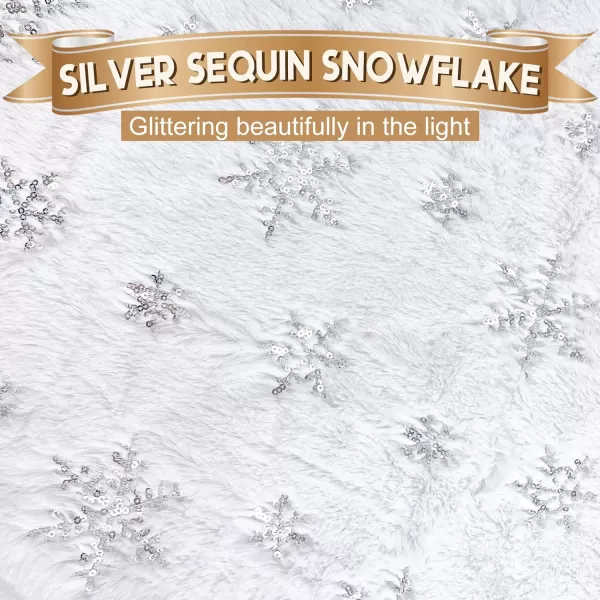 OurWarm 48 Inches Christmas Tree Skirt White Luxury Faux Fur Tree Skirt with Gold Snowflakes Super Soft Thick Plush Tree Skirt for Xmas Party Home DecorationsSilver