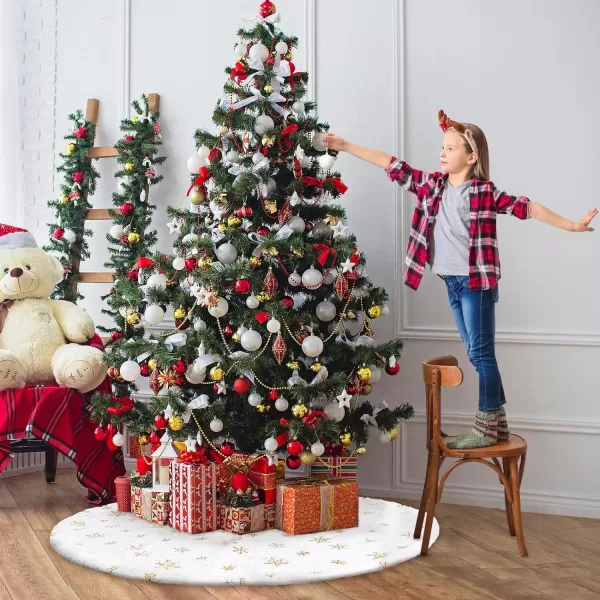 OurWarm 48 Inches Christmas Tree Skirt White Luxury Faux Fur Tree Skirt with Gold Snowflakes Super Soft Thick Plush Tree Skirt for Xmas Party Home DecorationsGold48inch