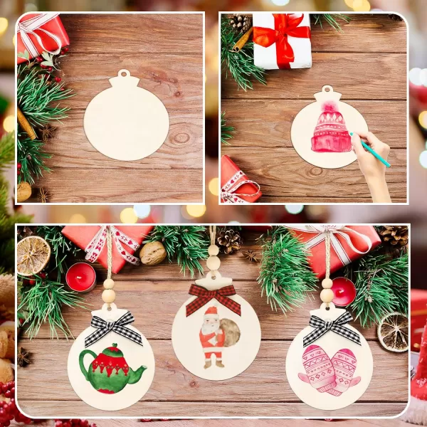 OurWarm 50pcs Round Christmas Wooden Ornaments for Crafts 4 Unfinished Wood Ornaments Blank Predrilled Natural Wood Slices DIY Christmas Tree Ornaments Hanging DecorationsWoodFabric