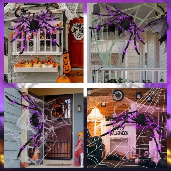 OurWarm 5ft Halloween Spider Decorations Fake Giant Spider with Purple LED Lights for Outside House Light up Black Hairy Spider for Halloween Indoor Outdoor Yard Party Haunted House DecorSpider with Purple Lights
