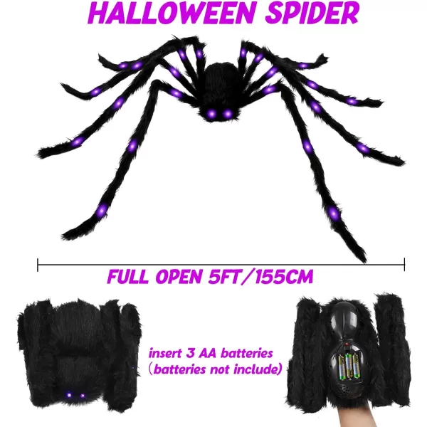 OurWarm 5ft Halloween Spider Decorations Fake Giant Spider with Purple LED Lights for Outside House Light up Black Hairy Spider for Halloween Indoor Outdoor Yard Party Haunted House DecorSpider with Purple Lights
