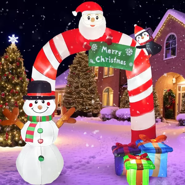 OurWarm 8FT Christmas Inflatables Candy Cane Archway Santa Penguin and Snowman Inflatable Arch Blow Up Yard Decorations with Builtin LED Lights Outdoor Yard Lawn Garden Party Holiday Xmas DecorCandy Cane Arch