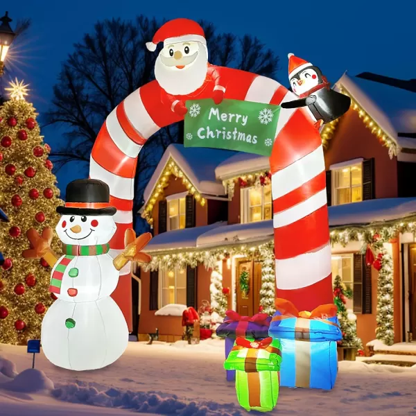 OurWarm 8FT Christmas Inflatables Candy Cane Archway Santa Penguin and Snowman Inflatable Arch Blow Up Yard Decorations with Builtin LED Lights Outdoor Yard Lawn Garden Party Holiday Xmas DecorCandy Cane Arch