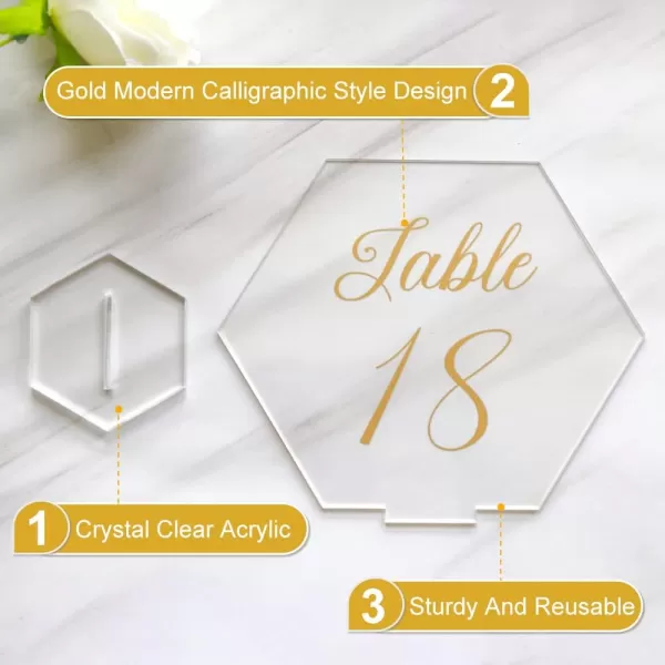 OurWarm Large Acrylic Wedding Table Numbers 120 Elegant Gold Printed Calligraphy Place Cards with Stand Hexagon Multifunctional Clear Acrylic Sign and Holder Ideal for Wedding Reception EventsLarge 55x5inch