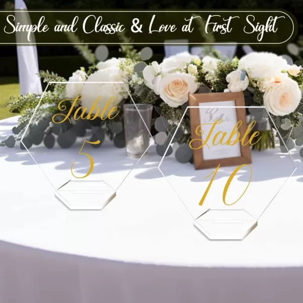 OurWarm Large Acrylic Wedding Table Numbers 120 Elegant Gold Printed Calligraphy Place Cards with Stand Hexagon Multifunctional Clear Acrylic Sign and Holder Ideal for Wedding Reception EventsLarge 55x5inch