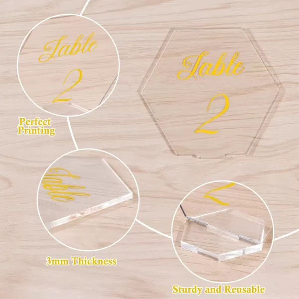 OurWarm Large Acrylic Wedding Table Numbers 120 Elegant Gold Printed Calligraphy Place Cards with Stand Hexagon Multifunctional Clear Acrylic Sign and Holder Ideal for Wedding Reception EventsMedium 46x42inch