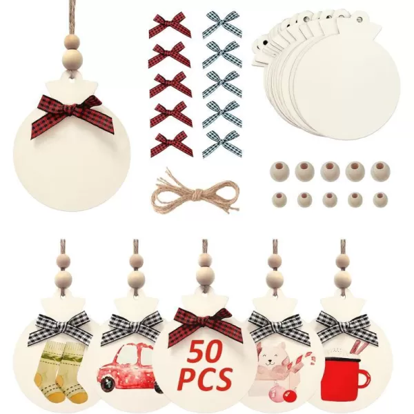 OurWarm 50pcs Round Christmas Wooden Ornaments for Crafts 4 Unfinished Wood Ornaments Blank Predrilled Natural Wood Slices DIY Christmas Tree Ornaments Hanging DecorationsWoodFabric
