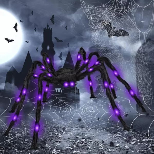 OurWarm 5ft Halloween Spider Decorations Fake Giant Spider with Purple LED Lights for Outside House Light up Black Hairy Spider for Halloween Indoor Outdoor Yard Party Haunted House DecorSpider with Purple Lights