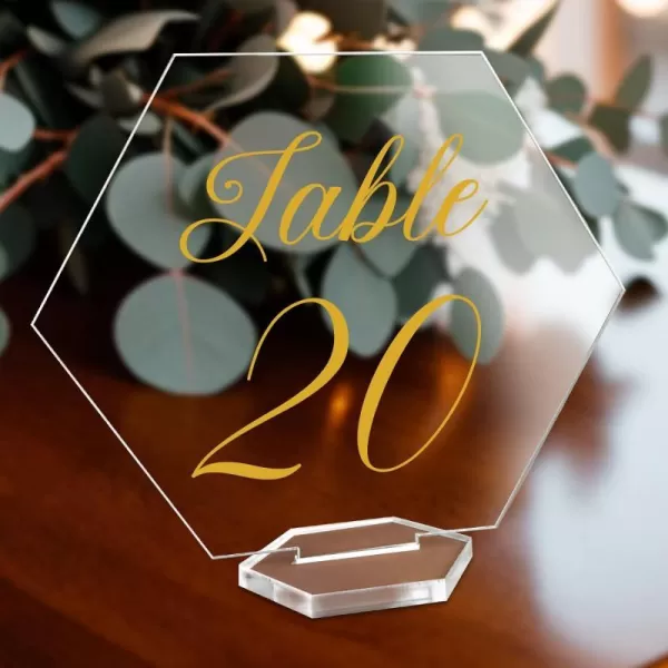 OurWarm Large Acrylic Wedding Table Numbers 120 Elegant Gold Printed Calligraphy Place Cards with Stand Hexagon Multifunctional Clear Acrylic Sign and Holder Ideal for Wedding Reception EventsLarge 55x5inch