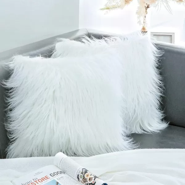 OurWarm Set of 2 White Fur Throw Pillows Fluffy Pillow Covers 18x18 Faux Fur Pillow Covers Luxury Series Merino Style Decorative Pillows Case for Living Room Couch Bedroom Car Home DecorWhite 18in x 18in