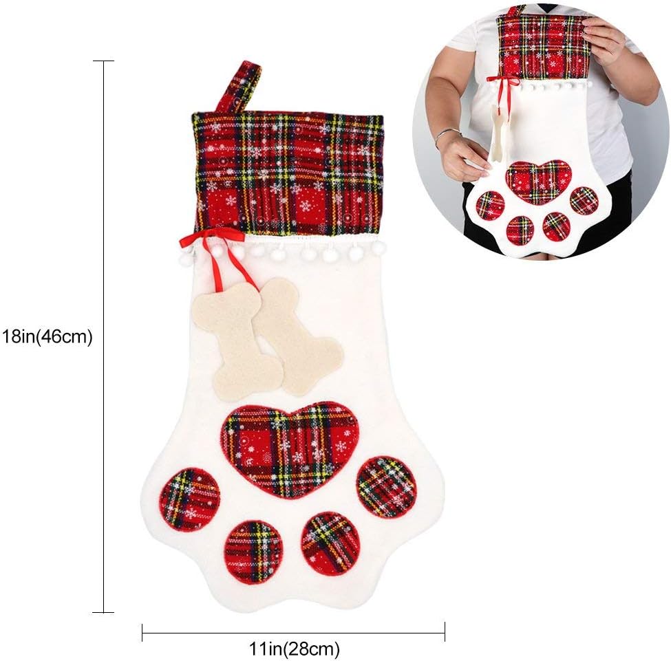 OurWarm Pet Dog Christmas Stocking Red Hanging Christmas Stockings with Large Dog Paw for Christmas Fireplace Decorations 18 x 11 InchDog Bone Tag