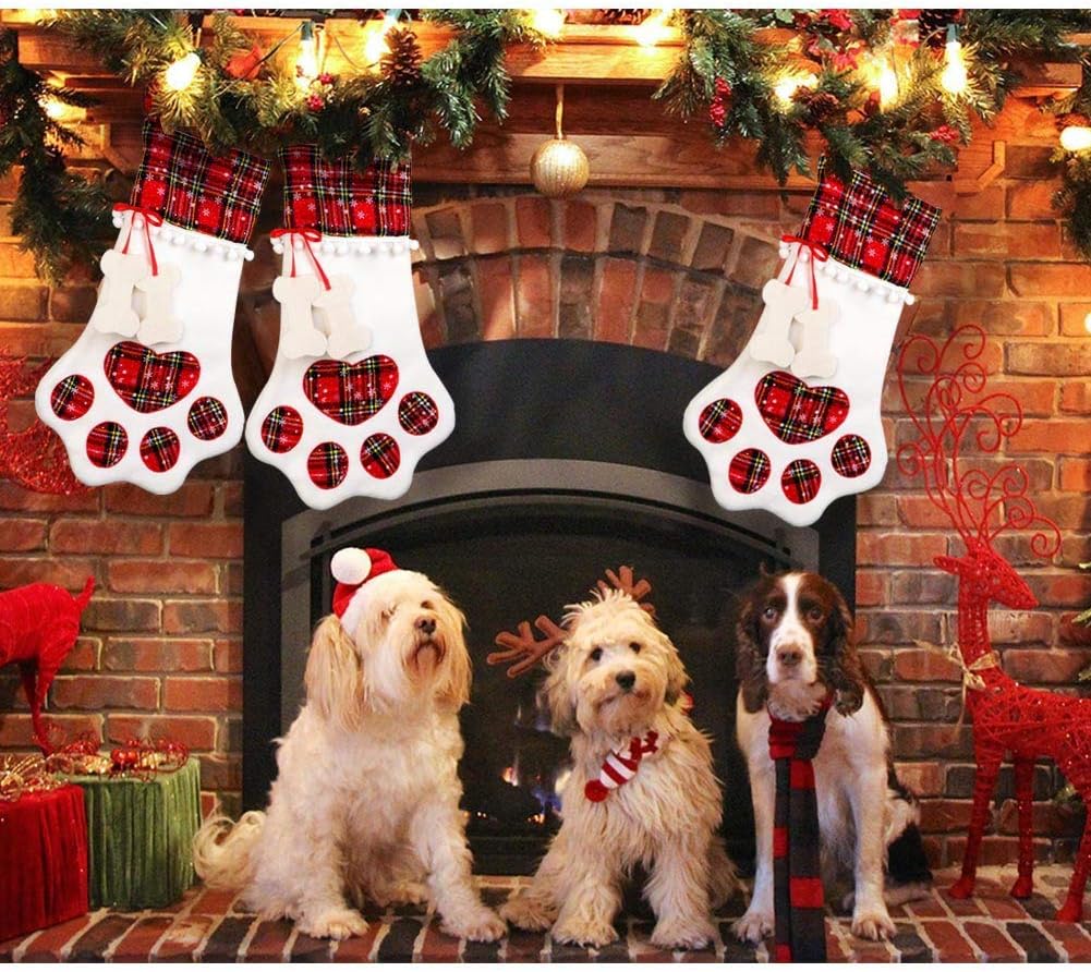 OurWarm Pet Dog Christmas Stocking Red Hanging Christmas Stockings with Large Dog Paw for Christmas Fireplace Decorations 18 x 11 InchDog Bone Tag