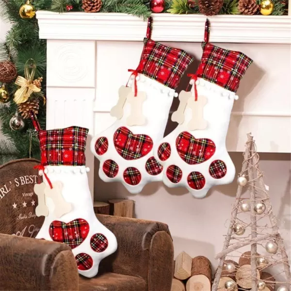 OurWarm Pet Dog Christmas Stocking Red Hanging Christmas Stockings with Large Dog Paw for Christmas Fireplace Decorations 18 x 11 InchDog Bone Tag