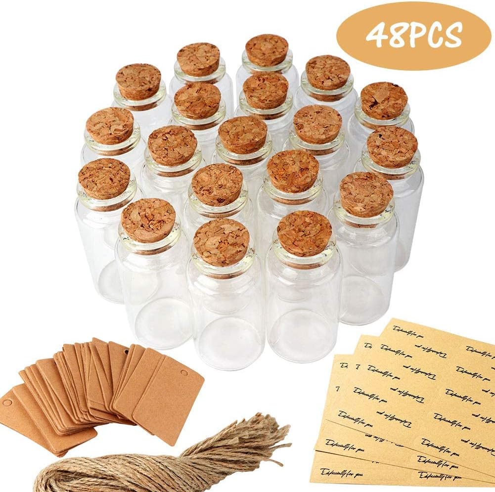 OurWarm 48PCS 25ml Glass Bottles with Cork Stoppers Mini Small Glass Bottles Clear Vials Glass Favor Jars with Tags and Ropes for Wedding Favors DIY Crafts Baby Shower Birthday Home Decorations25ml  48pcs