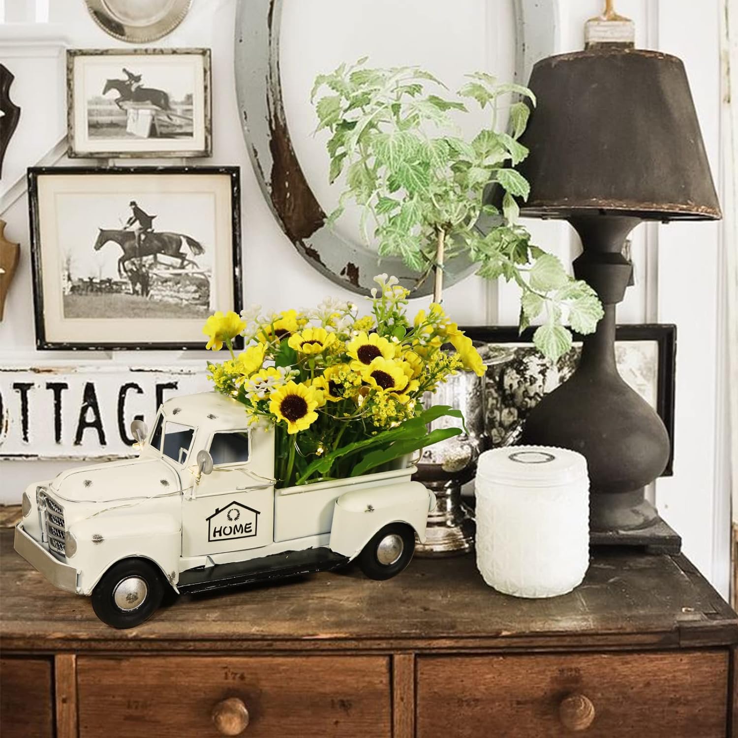 OurWarm Vintage White Truck Decor with Sunflowers Artificial Flowers Farmhouse Table Decor LED String Lights Metal Truck Sunflower Decor for Home Rustic Farmhouse Tiered Tray Decor Table Top Decor1white