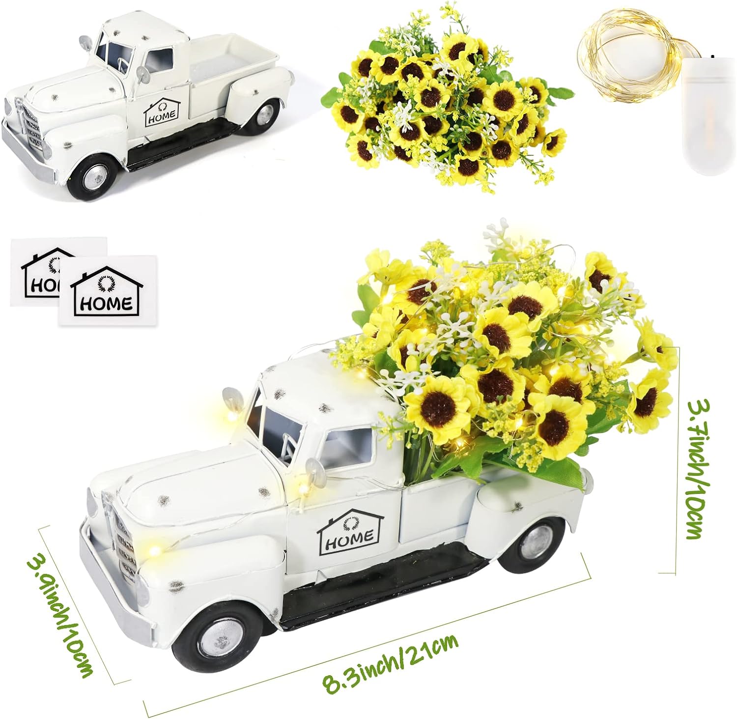 OurWarm Vintage White Truck Decor with Sunflowers Artificial Flowers Farmhouse Table Decor LED String Lights Metal Truck Sunflower Decor for Home Rustic Farmhouse Tiered Tray Decor Table Top Decor1white