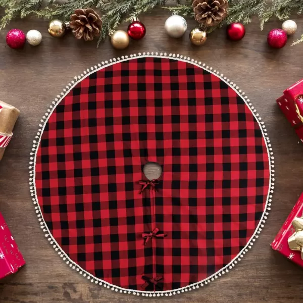 Aytai Buffalo Plaid Christmas Tree Skirt 48 Inch Red and Black Xmas Tree Skirts with Pom Pom for ChristmasAytai Buffalo Plaid Christmas Tree Skirt 48 Inch Red and Black Xmas Tree Skirts with Pom Pom for Christmas