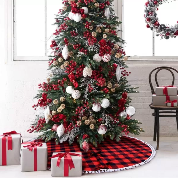 Aytai Buffalo Plaid Christmas Tree Skirt 48 Inch Red and Black Xmas Tree Skirts with Pom Pom for ChristmasAytai Buffalo Plaid Christmas Tree Skirt 48 Inch Red and Black Xmas Tree Skirts with Pom Pom for Christmas