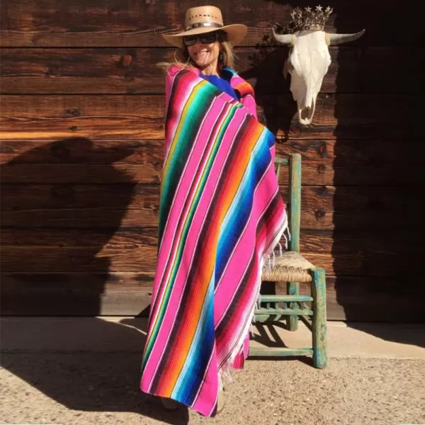 OurWarm 59 x 84 Inch Mexican Blanket Striped Tablecloth for Mexican Party Decorations Large Square Cotton Mexican Serape Blanket Outdoor Table Cover Table ClothPink