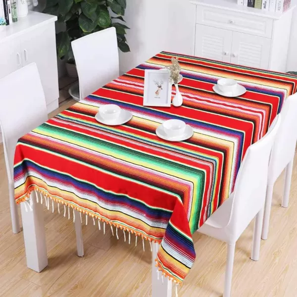 OurWarm 59 x 84 Inch Mexican Blanket Striped Tablecloth for Mexican Party Decorations Large Square Cotton Mexican Serape Blanket Outdoor Table Cover Table ClothRed