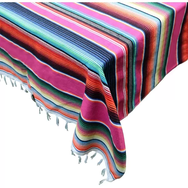 OurWarm 59 x 84 Inch Mexican Blanket Striped Tablecloth for Mexican Party Decorations Large Square Cotton Mexican Serape Blanket Outdoor Table Cover Table ClothPink