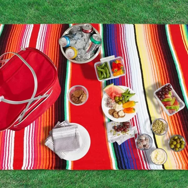 OurWarm 59 x 84 Inch Mexican Blanket Striped Tablecloth for Mexican Party Decorations Large Square Cotton Mexican Serape Blanket Outdoor Table Cover Table ClothRed