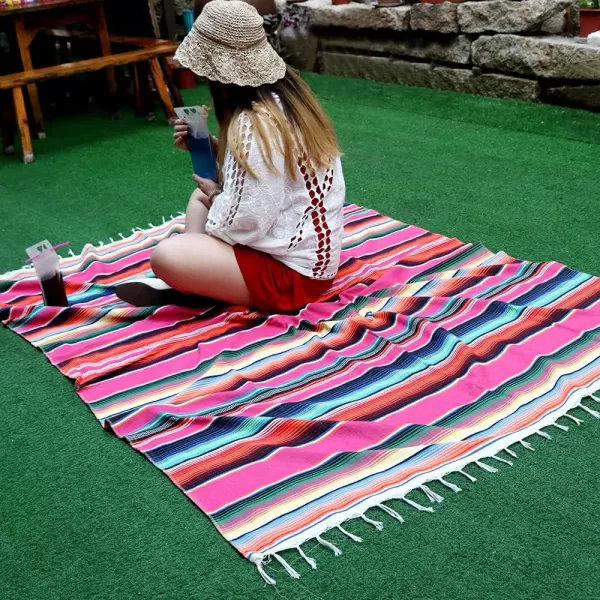 OurWarm 59 x 84 Inch Mexican Blanket Striped Tablecloth for Mexican Party Decorations Large Square Cotton Mexican Serape Blanket Outdoor Table Cover Table ClothPink