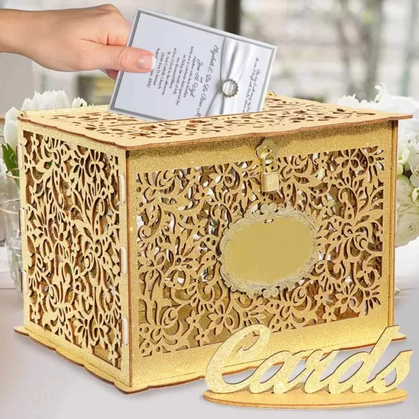 OurWarm Glittery Gold Wedding Card Box with Lock Wood Gift Card Box for Wedding Reception Wedding Money Envelope Card Box Holder for Party Graduation Birthday Baby Shower DecorationsGold