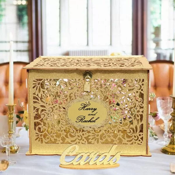 OurWarm Glittery Gold Wedding Card Box with Lock Wood Gift Card Box for Wedding Reception Wedding Money Envelope Card Box Holder for Party Graduation Birthday Baby Shower DecorationsGold