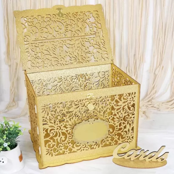 OurWarm Glittery Gold Wedding Card Box with Lock Wood Gift Card Box for Wedding Reception Wedding Money Envelope Card Box Holder for Party Graduation Birthday Baby Shower DecorationsGold