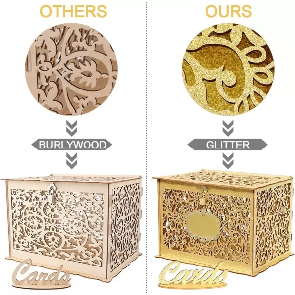 OurWarm Glittery Gold Wedding Card Box with Lock Wood Gift Card Box for Wedding Reception Wedding Money Envelope Card Box Holder for Party Graduation Birthday Baby Shower DecorationsGold