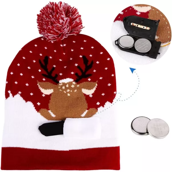 OurWarm LED Christmas Hat Light Up Christmas Hat Unisex Knitted Beanie Holiday Hat with Deer Printing for Party RedBlue1red