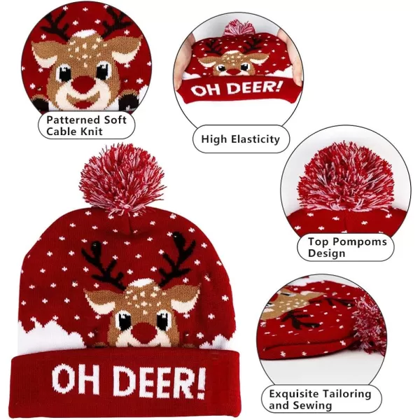 OurWarm LED Christmas Hat Light Up Christmas Hat Unisex Knitted Beanie Holiday Hat with Deer Printing for Party RedBlue1red