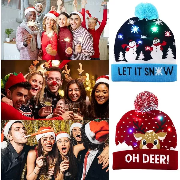 OurWarm LED Christmas Hat Light Up Christmas Hat Unisex Knitted Beanie Holiday Hat with Deer Printing for Party RedBlueBlue