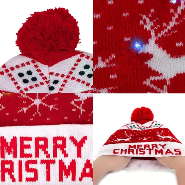 OurWarm LED Christmas Hat Light Up Christmas Hat Unisex Knitted Beanie Holiday Hat with Deer Printing for Party RedBlueWhite