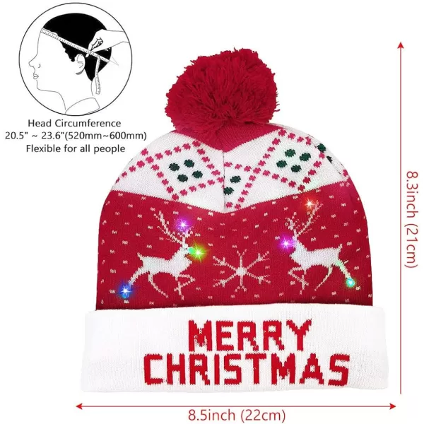 OurWarm LED Christmas Hat Light Up Christmas Hat Unisex Knitted Beanie Holiday Hat with Deer Printing for Party RedBlueWhite