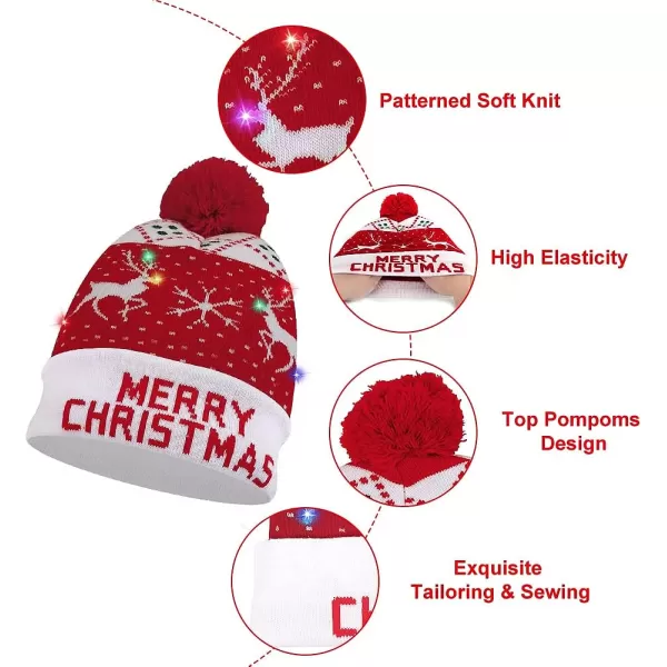 OurWarm LED Christmas Hat Light Up Christmas Hat Unisex Knitted Beanie Holiday Hat with Deer Printing for Party RedBlueWhite