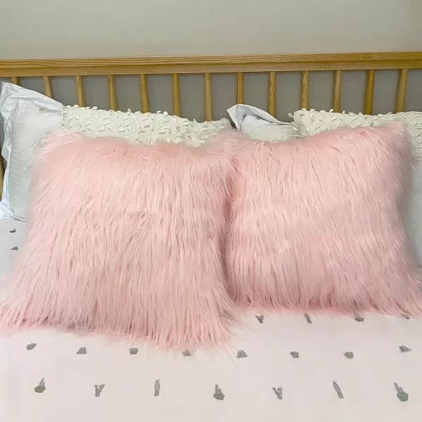 OurWarm Set of 2 White Fur Throw Pillows Fluffy Pillow Covers 18x18 Faux Fur Pillow Covers Luxury Series Merino Style Decorative Pillows Case for Living Room Couch Bedroom Car Home DecorPink 1818 inches