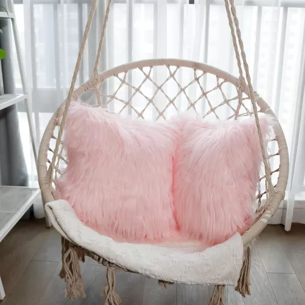 OurWarm Set of 2 White Fur Throw Pillows Fluffy Pillow Covers 18x18 Faux Fur Pillow Covers Luxury Series Merino Style Decorative Pillows Case for Living Room Couch Bedroom Car Home DecorPink 1818 inches