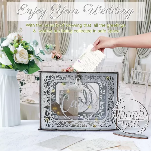 OurWarm Silver Wedding Card Box for Wedding Reception Wooden Card Boxes with Light Gift Card Box Money Holder with Lock for Reception Anniversary Shower Rustic Wedding Decorations Birthday GraduationSilver