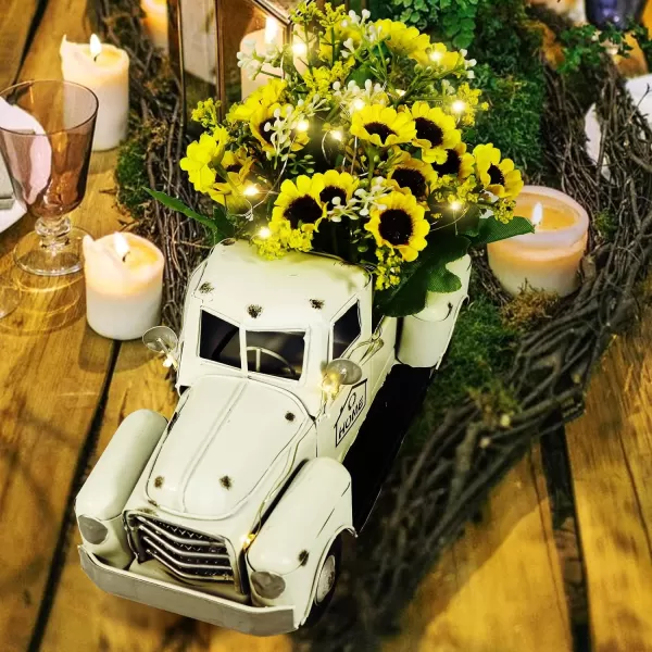 OurWarm Vintage White Truck Decor with Sunflowers Artificial Flowers Farmhouse Table Decor LED String Lights Metal Truck Sunflower Decor for Home Rustic Farmhouse Tiered Tray Decor Table Top Decor1white