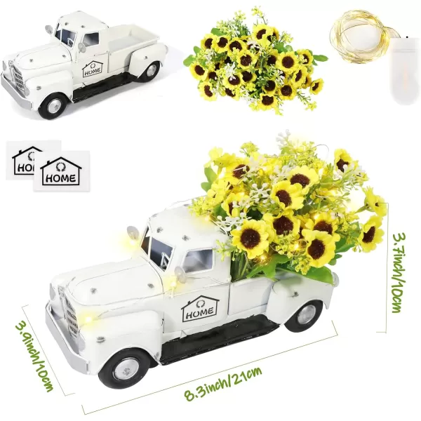 OurWarm Vintage White Truck Decor with Sunflowers Artificial Flowers Farmhouse Table Decor LED String Lights Metal Truck Sunflower Decor for Home Rustic Farmhouse Tiered Tray Decor Table Top Decor1white