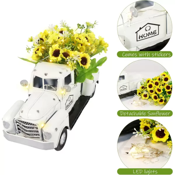 OurWarm Vintage White Truck Decor with Sunflowers Artificial Flowers Farmhouse Table Decor LED String Lights Metal Truck Sunflower Decor for Home Rustic Farmhouse Tiered Tray Decor Table Top Decor1white