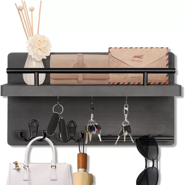 OurWarm Wall Mounted Key Holder  Hangers for Wall Decorative with 5 Key Hooks Wooden Mail Rack Organizer with Shelf Rustic Home Decor for Entryway Mudroom Hallway OfficeGray