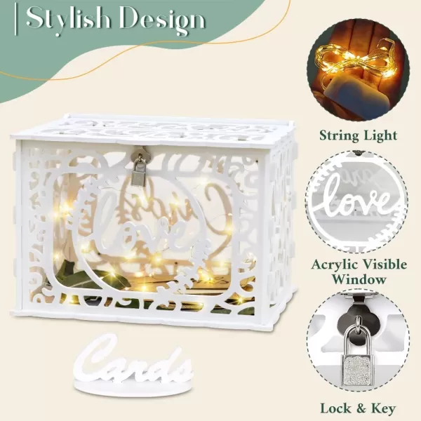 OurWarm White Wedding Card Box with Lock PVC Gift Card Box for Wedding Reception Eucalyptus DIY Wedding Envelope Money Card Box for Party Graduation Birthday Baby Shower Decorationshollow with String Light