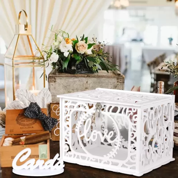 OurWarm White Wedding Card Box with Lock PVC Gift Card Box for Wedding Reception Eucalyptus DIY Wedding Envelope Money Card Box for Party Graduation Birthday Baby Shower Decorationshollow with String Light