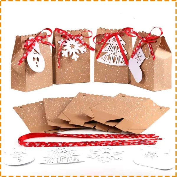 OurWarm 24Piece Kraft Paper Gift Bags Assortment with Holiday Tags for Christmas Party Favors 5 x 3 x 7 Inches