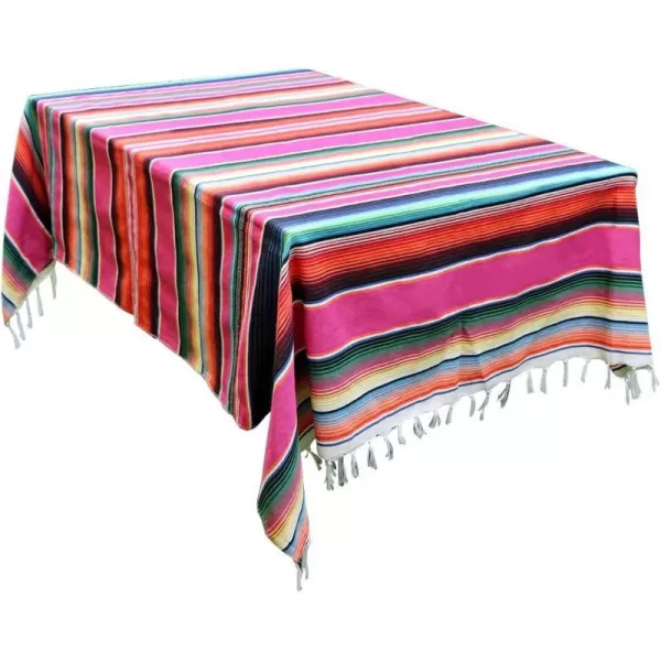 OurWarm 59 x 84 Inch Mexican Blanket Striped Tablecloth for Mexican Party Decorations Large Square Cotton Mexican Serape Blanket Outdoor Table Cover Table ClothPink