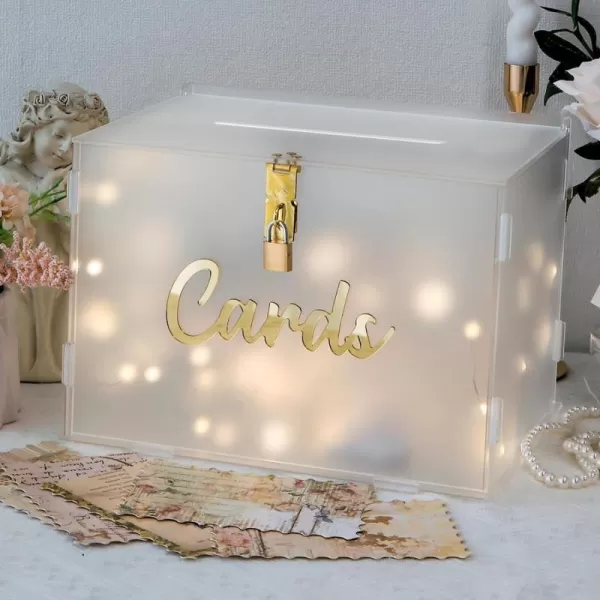 OurWarm Frosted Acrylic Wedding Card Box with Lock Gift Card Box for Wedding Reception with String Light Envelope Money Card Box for Party Birthday Graduation Baby Shower Wedding DecorationsMedium