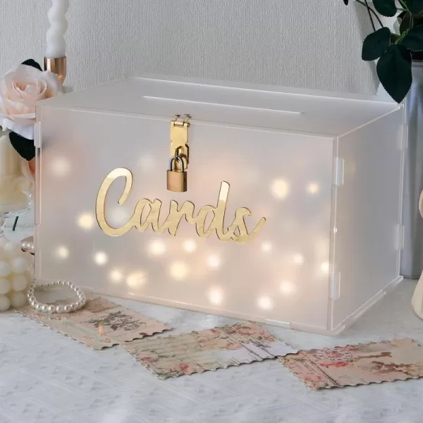 OurWarm Frosted Acrylic Wedding Card Box with Lock Gift Card Box for Wedding Reception with String Light Envelope Money Card Box for Party Birthday Graduation Baby Shower Wedding DecorationsLarge